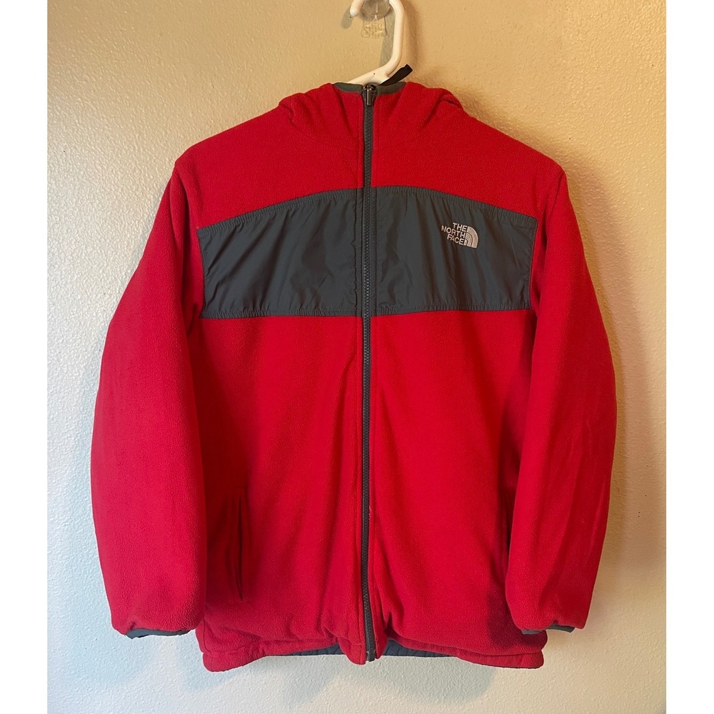 The North Face Boys L 14/16 Reversible Hooded Fleece Jacket Red Gray
